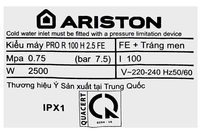Bình nóng lạnh Ariston 100 lít PRO R 100 H 2.5 FE